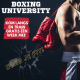 Promotieafbeelding van Boxing University, dé club voor boksen in Breda. Een bokser met rode bokshandschoenen en de tekst “Kom langs en train gratis één week mee” en “Boks je fit!”.